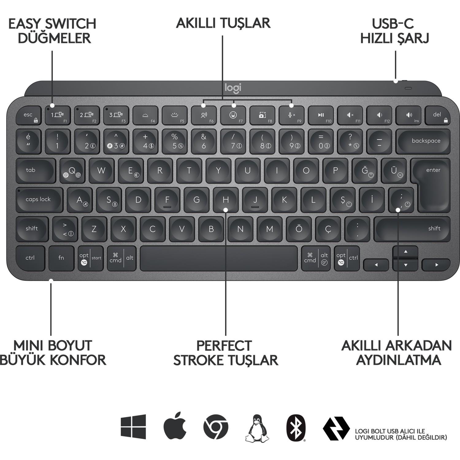 LOGITECH MX KEYS MINI MINIMALIST KABLOSUZ BLUETOOTH AYDINLATMALI Q TR KLAVYE SİYAH 920-010504 - Image 3
