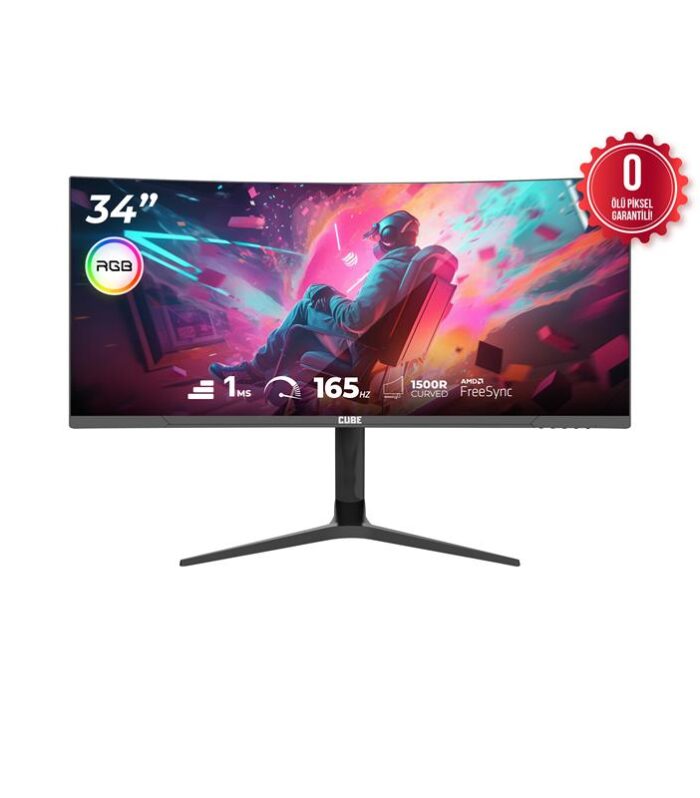34 CUBE PA-34V165C VA 1MS 165HZ HDMI DP TYPE-C USB 2K WQHD 3440X1440 FREESYNC CURVED YUKSEKLIK AYARI VESA RGB SIYAH GAMI