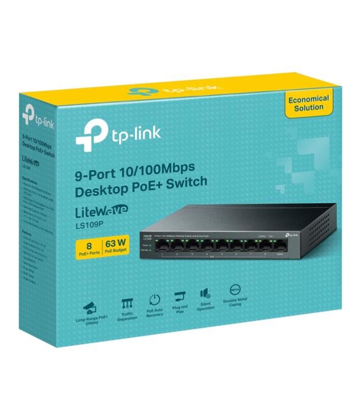 TP-LINK LS109P 8 PORT 10/100 +1 PORT RJ45 UPLINK 63W 250 METRE POE MESAFE METAL KASA SWITCH