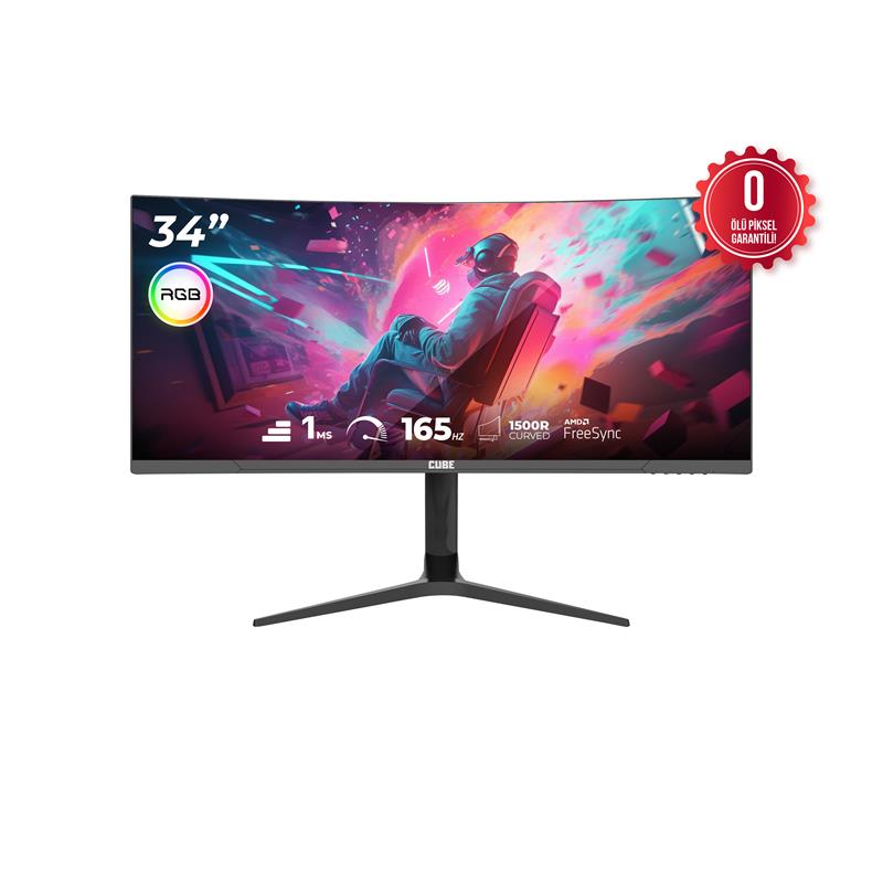34 CUBE PA-34V165C VA 1MS 165HZ HDMI DP TYPE-C USB 2K WQHD 3440X1440 FREESYNC CURVED YUKSEKLIK AYARI VESA RGB SIYAH GAMI