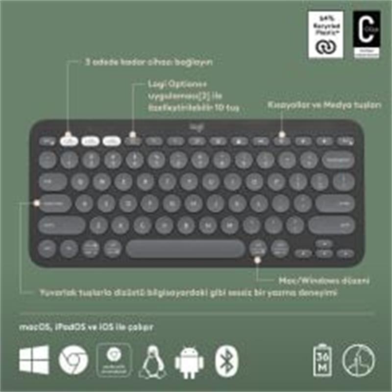 LOGITECH K380S PEBBLE KEYS 2 ÇOKLU CİHAZ ÖZELLİKLİ BLUETOOTH TÜRKÇE Q KLAVYE GRİ 920-011859 - Image 2