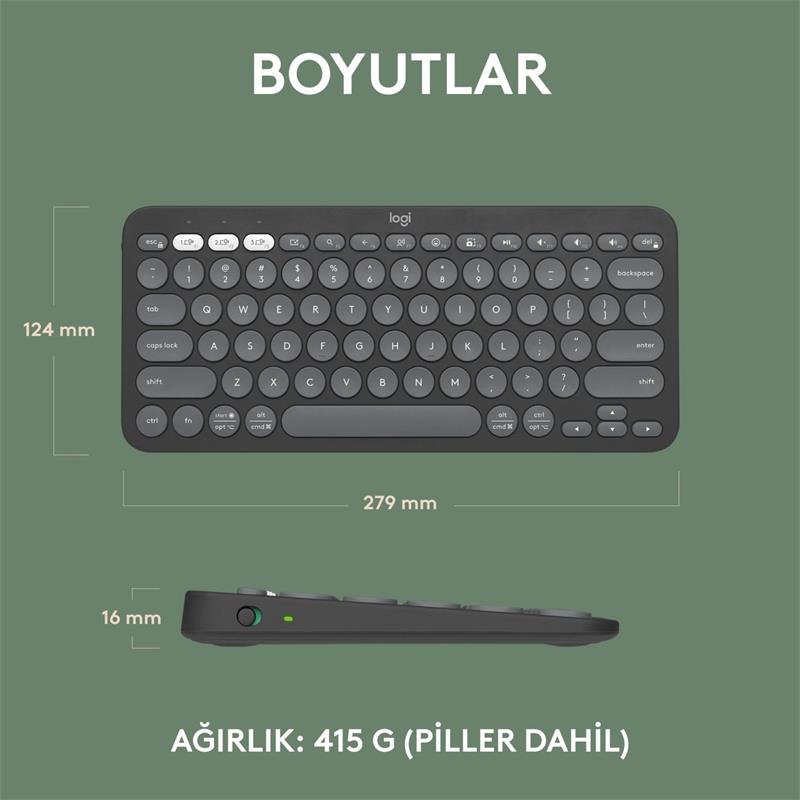 LOGITECH K380S PEBBLE KEYS 2 ÇOKLU CİHAZ ÖZELLİKLİ BLUETOOTH TÜRKÇE Q KLAVYE GRİ 920-011859 - Image 3