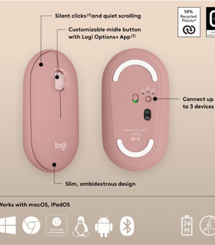 LOGITECH PEBBLE 2 M350S KABLOSUZ BLUETOOTH SESSİZ OPTİK MOUSE PEMBE 910-007014
