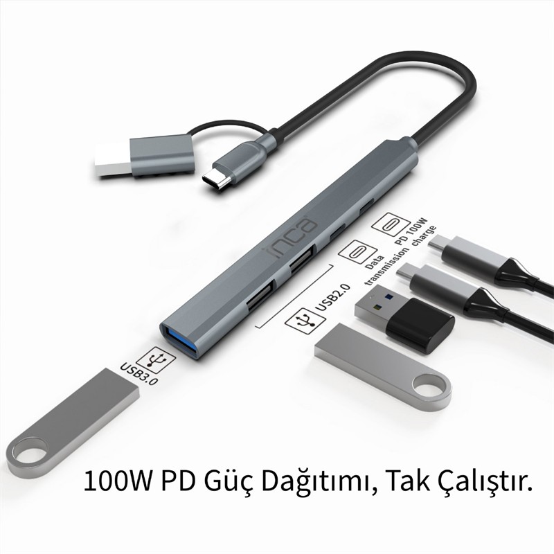 INCA IUTP-06T USB 3.0 TYPE-C 3.1 HUB 1 X USB 3.0 +2 X USB+TYPE-C+PD100W 2.0 ALUMINYUM KASA ÇOKLAYICI - Image 2